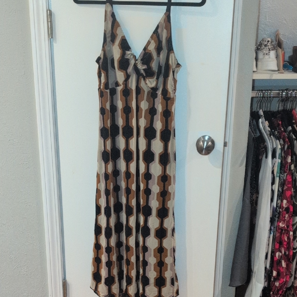CAbi Geometric Maxi Dress in Black, Brown, and Cream